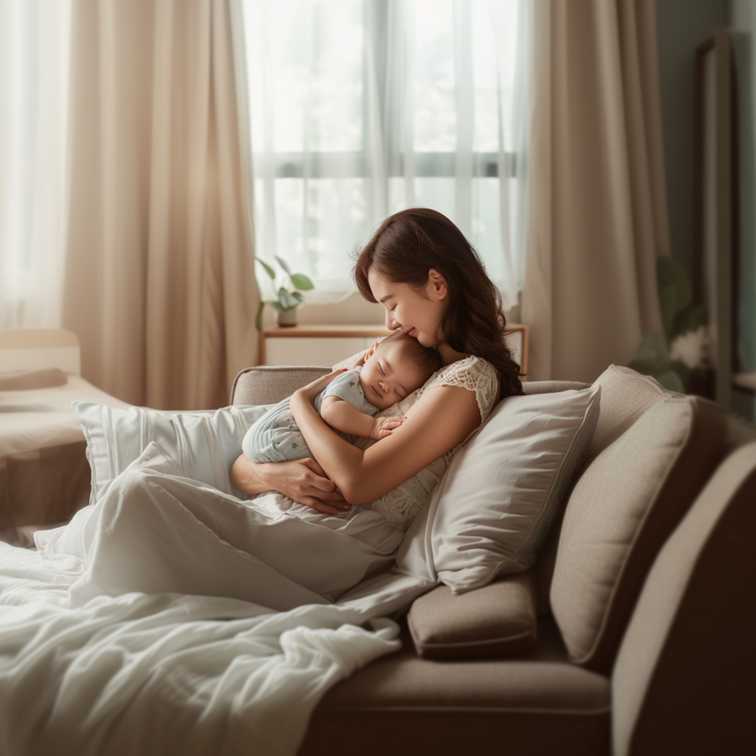 there-is-woman-holding-baby-bed-room-generative-ai